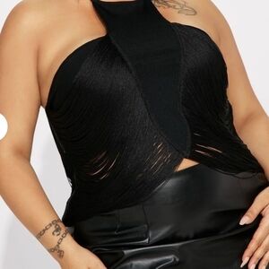 Elegant Black Fringe Halter Top